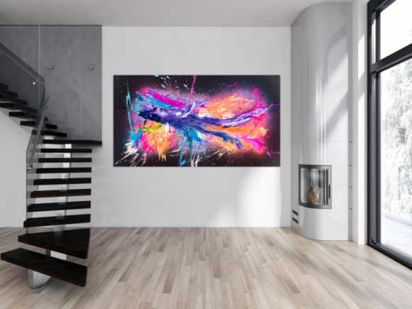 Original Gemälde abstrakt 120x220cm Action Painting zeitgenössisch auf Leinwand Mischtechnik schwarz violett orange einzigartig