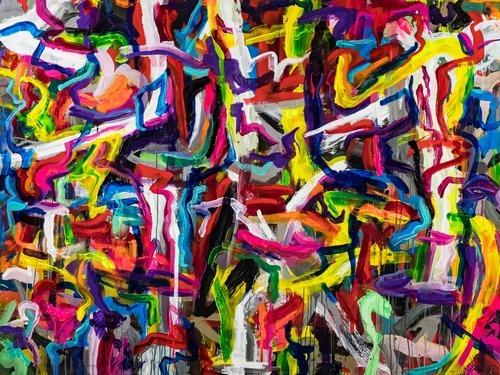 Abstraktes Original Gemälde 150x200cm Mischtechnik expressionistisch auf Leinwand Mischtechnik bunt rot gelb Einzelstück