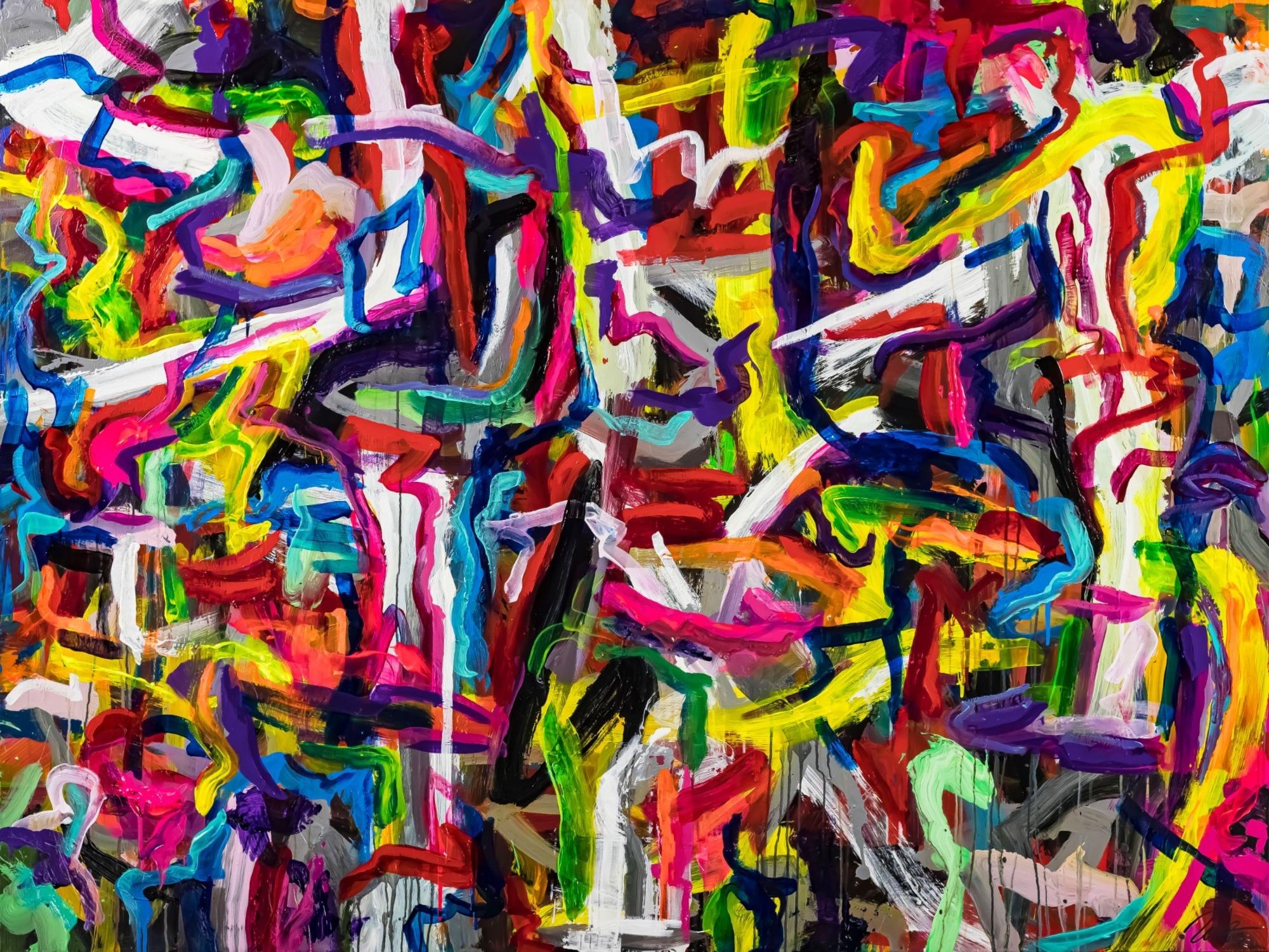 Großformatiges abstraktes Kunstwerk 150x200cm | Leuchtende Rot-Gelb Mischtechnik Original