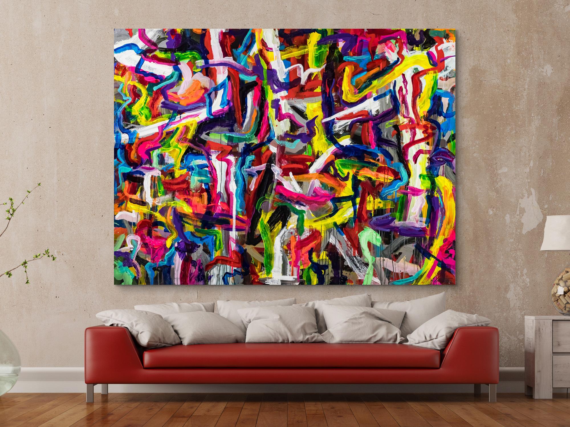 Großformatiges abstraktes Kunstwerk 150x200cm | Leuchtende Rot-Gelb Mischtechnik Original