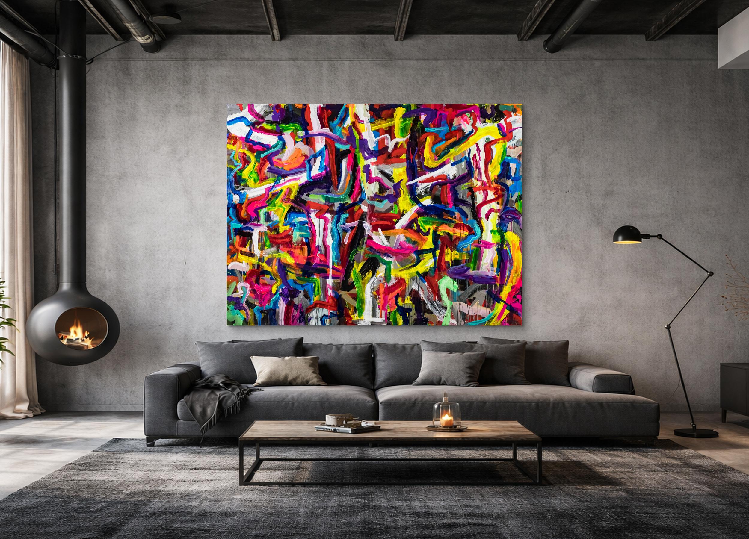 Großformatiges abstraktes Kunstwerk 150x200cm | Leuchtende Rot-Gelb Mischtechnik Original
