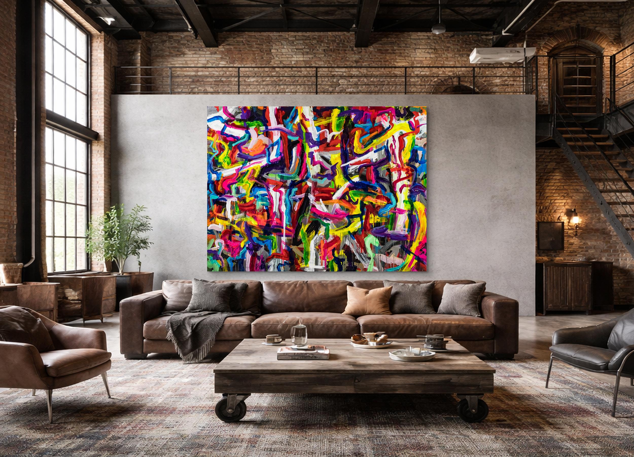 Großformatiges abstraktes Kunstwerk 150x200cm | Leuchtende Rot-Gelb Mischtechnik Original