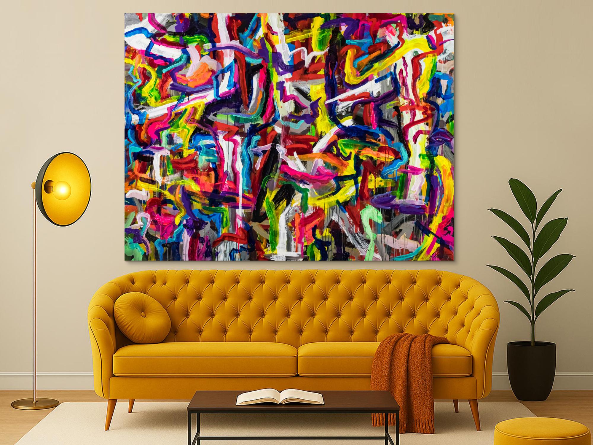 Abstraktes Original Gemälde 150x200cm Mischtechnik expressionistisch auf Leinwand Mischtechnik bunt rot gelb Einzelstück