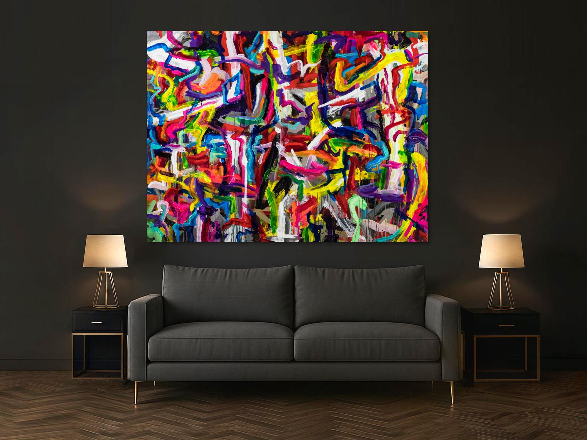 Abstraktes Original Gemälde 150x200cm Mischtechnik expressionistisch auf Leinwand Mischtechnik bunt rot gelb Einzelstück