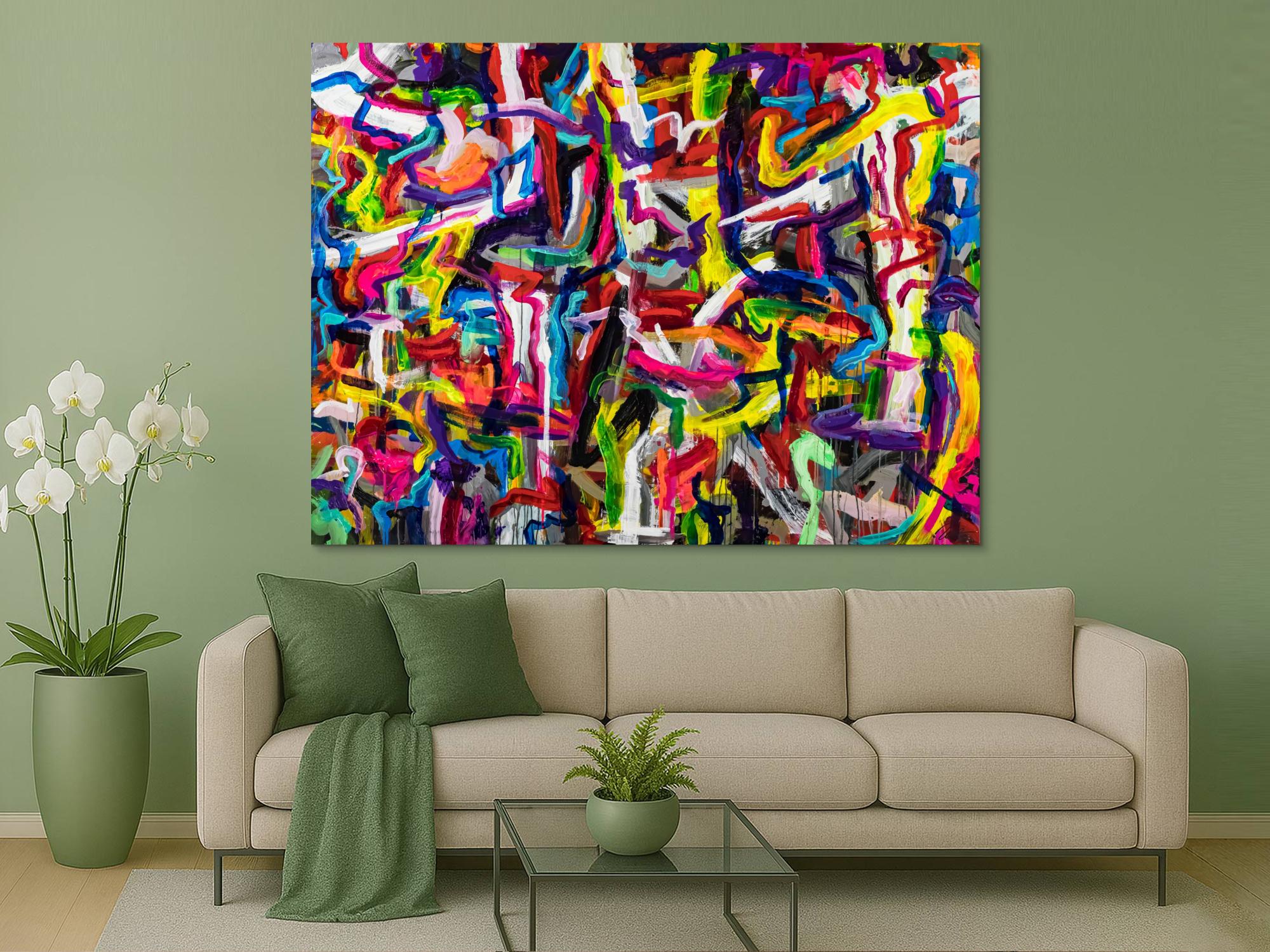 Abstraktes Original Gemälde 150x200cm Mischtechnik expressionistisch auf Leinwand Mischtechnik bunt rot gelb Einzelstück