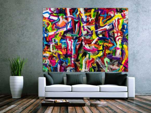 Abstraktes Original Gemälde 150x200cm Mischtechnik expressionistisch auf Leinwand Mischtechnik bunt rot gelb Einzelstück