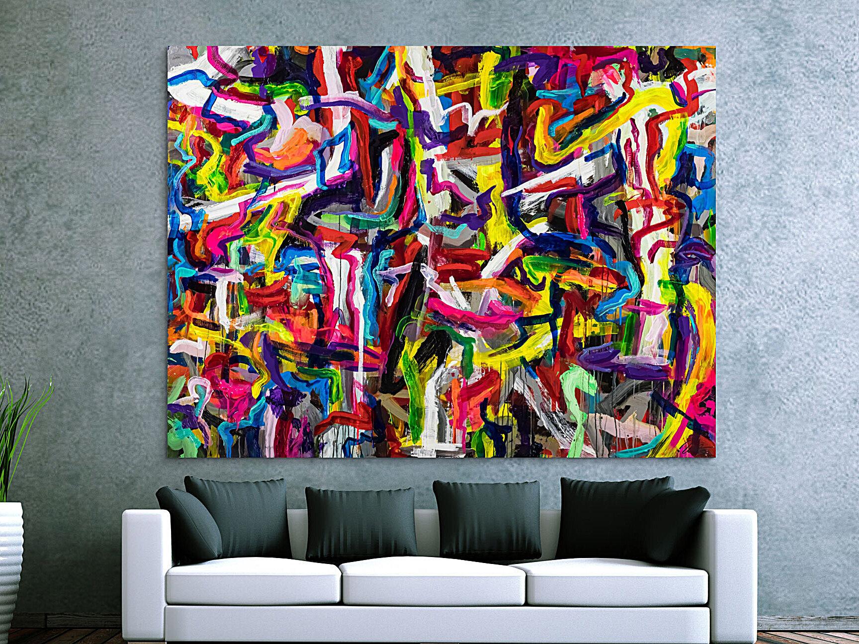 Abstraktes Original Gemälde 150x200cm Mischtechnik expressionistisch auf Leinwand Mischtechnik bunt rot gelb Einzelstück