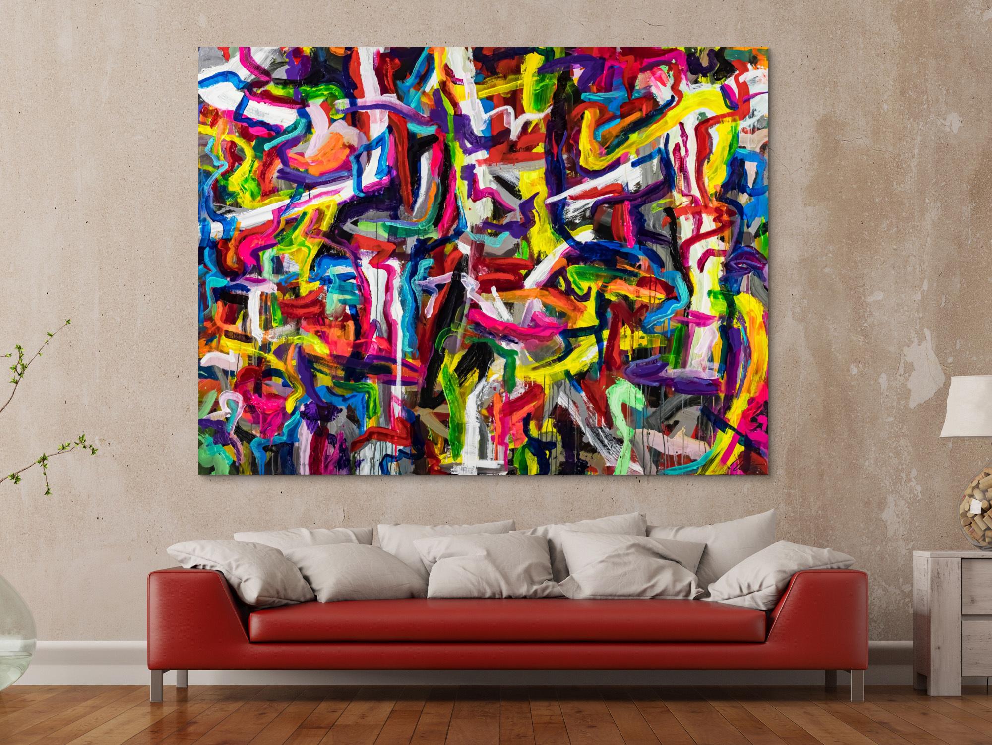Abstraktes Original Gemälde 150x200cm Mischtechnik expressionistisch auf Leinwand Mischtechnik bunt rot gelb Einzelstück