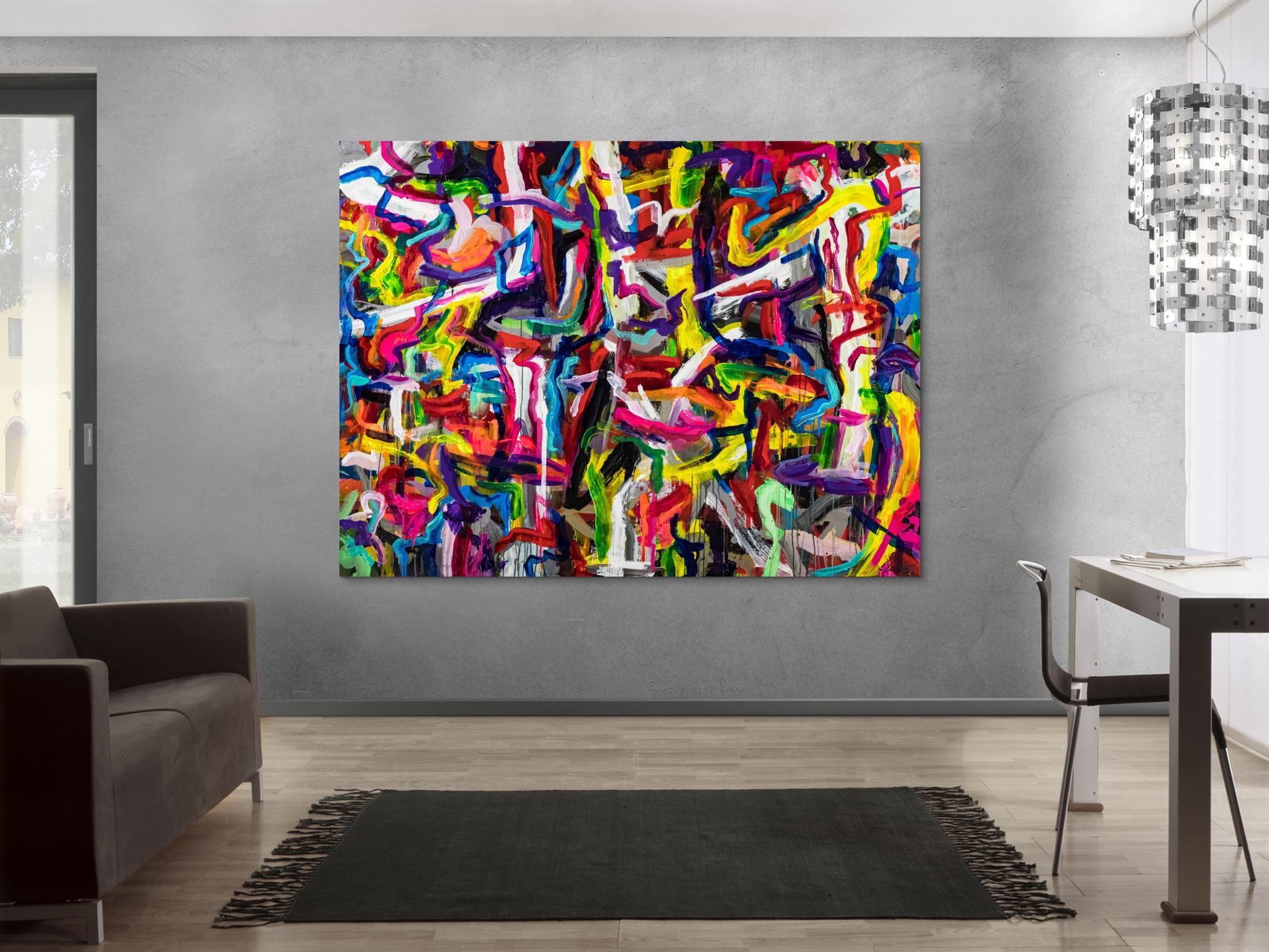 Abstraktes Original Gemälde 150x200cm Mischtechnik expressionistisch auf Leinwand Mischtechnik bunt rot gelb Einzelstück