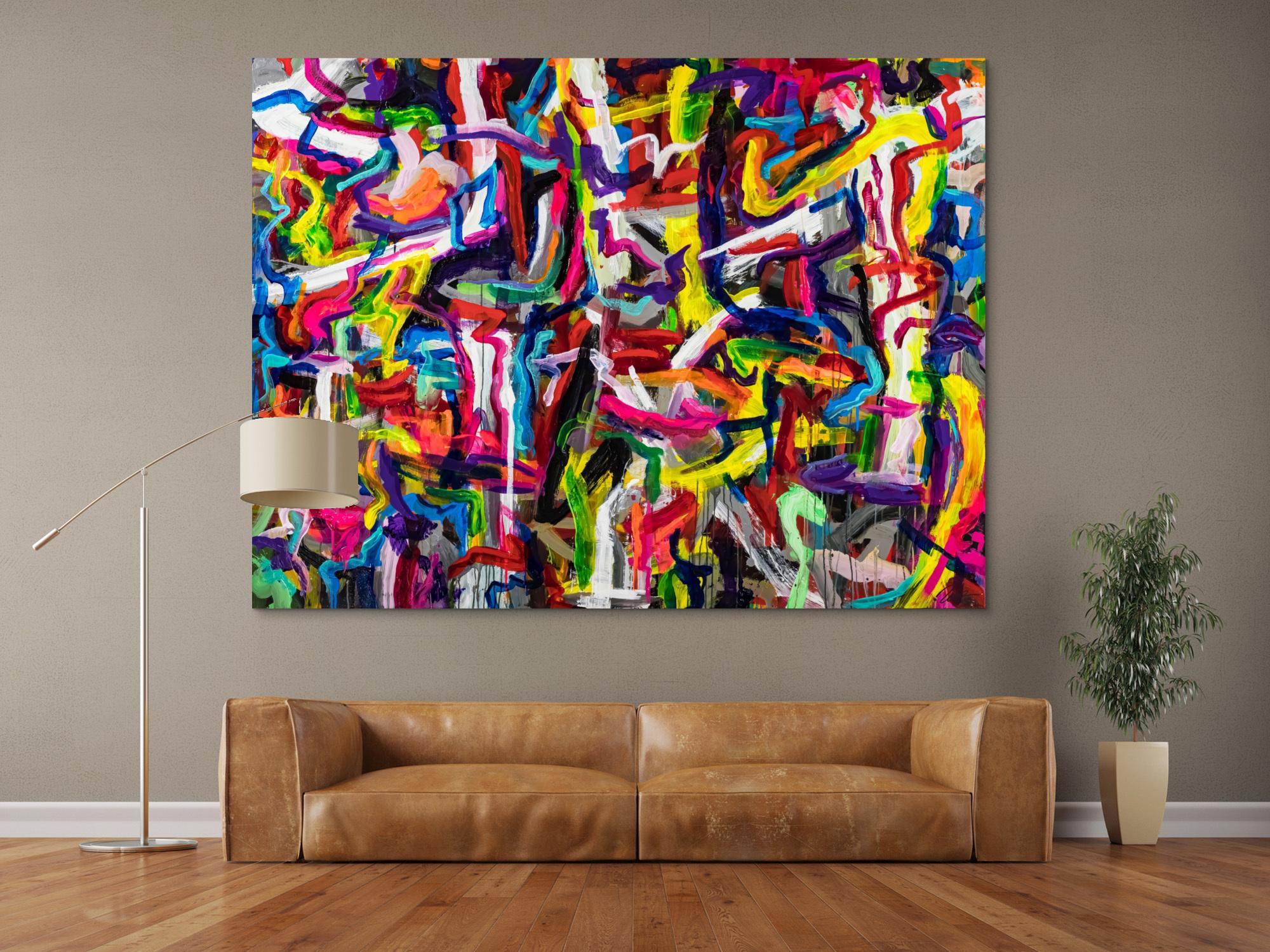 Abstraktes Original Gemälde 150x200cm Mischtechnik expressionistisch auf Leinwand Mischtechnik bunt rot gelb Einzelstück