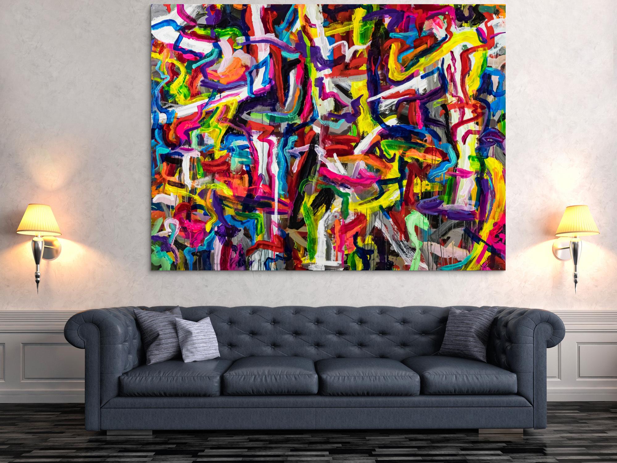 Abstraktes Original Gemälde 150x200cm Mischtechnik expressionistisch auf Leinwand Mischtechnik bunt rot gelb Einzelstück