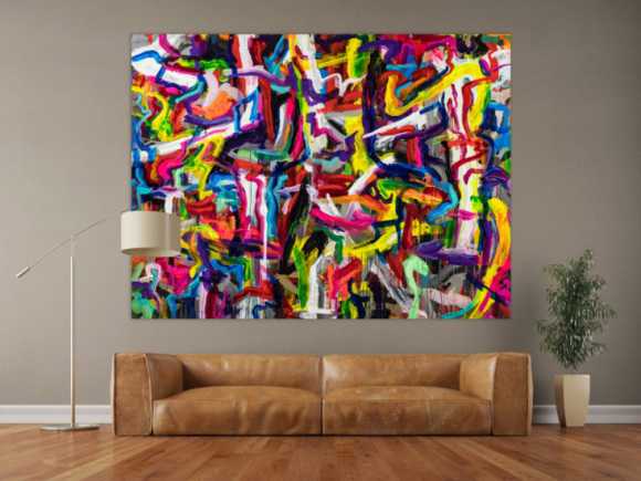 Abstraktes Original Gemälde 150x200cm Mischtechnik expressionistisch auf Leinwand Mischtechnik bunt rot gelb Einzelstück