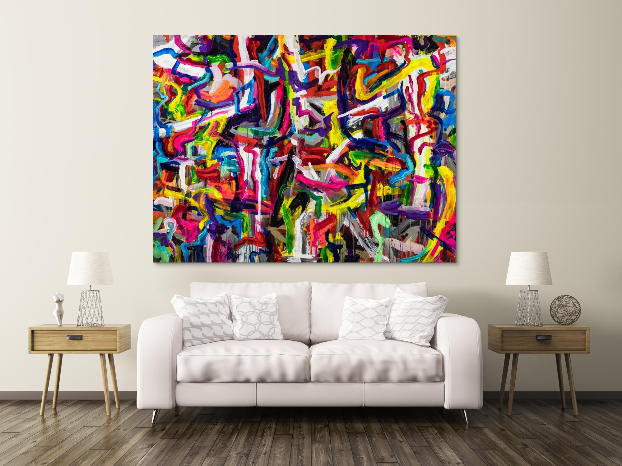 Abstraktes Original Gemälde 150x200cm Mischtechnik expressionistisch auf Leinwand Mischtechnik bunt rot gelb Einzelstück