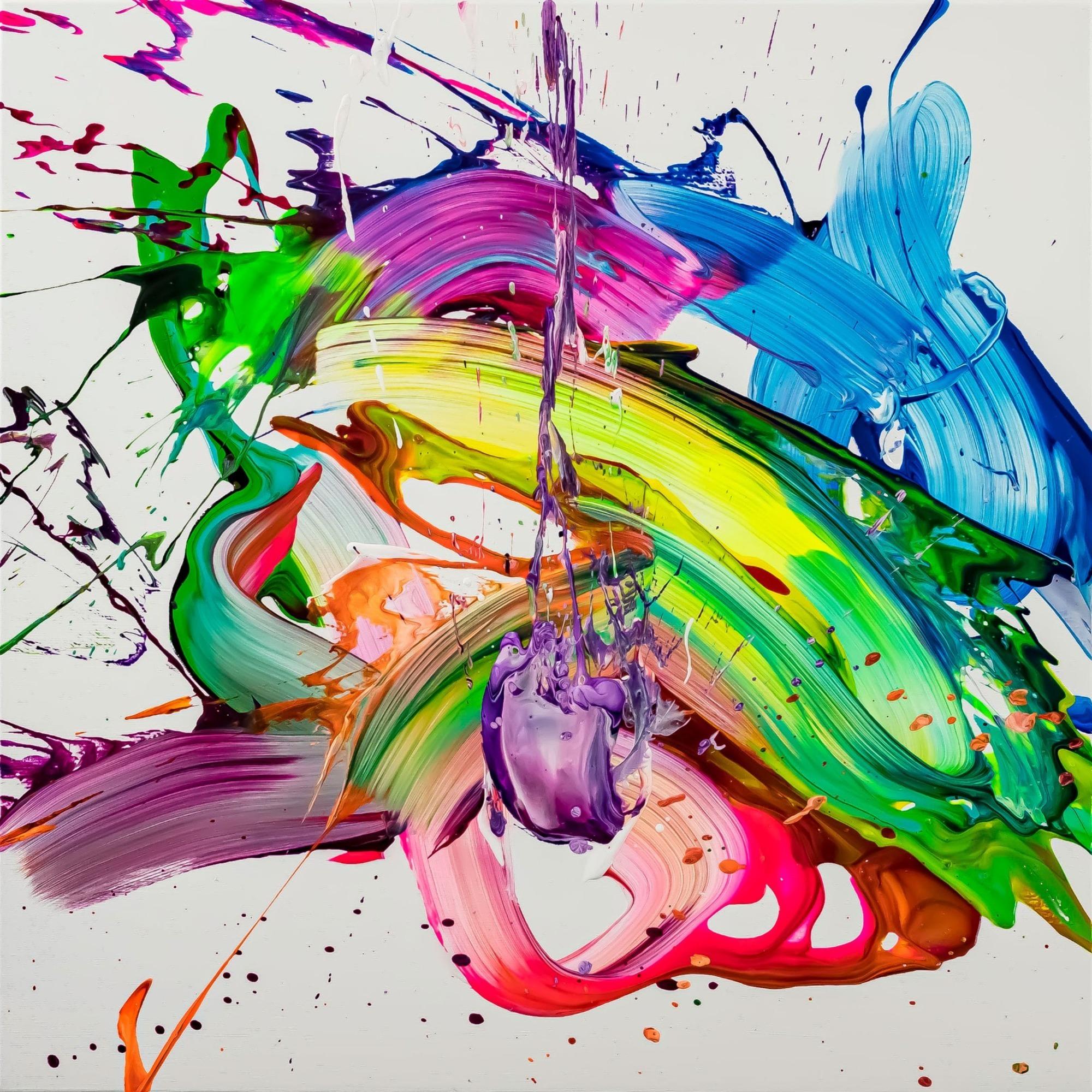 Original Gemälde abstrakt 70x70cm Action Painting Modern Art handgemalt Splash Art weiß bunt grün Einzelstück