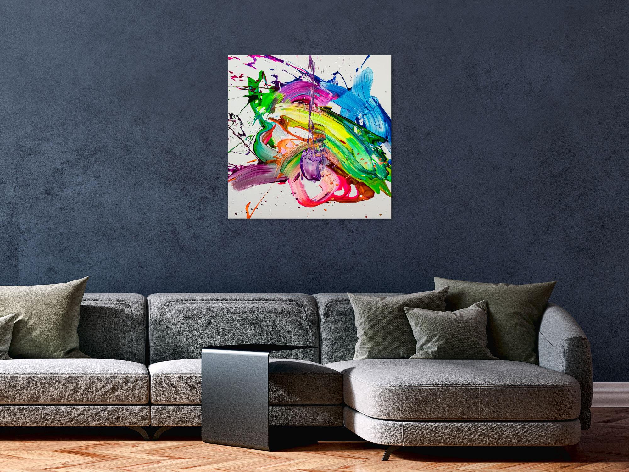 Original Gemälde abstrakt 70x70cm Action Painting Modern Art handgemalt Splash Art weiß bunt grün Einzelstück