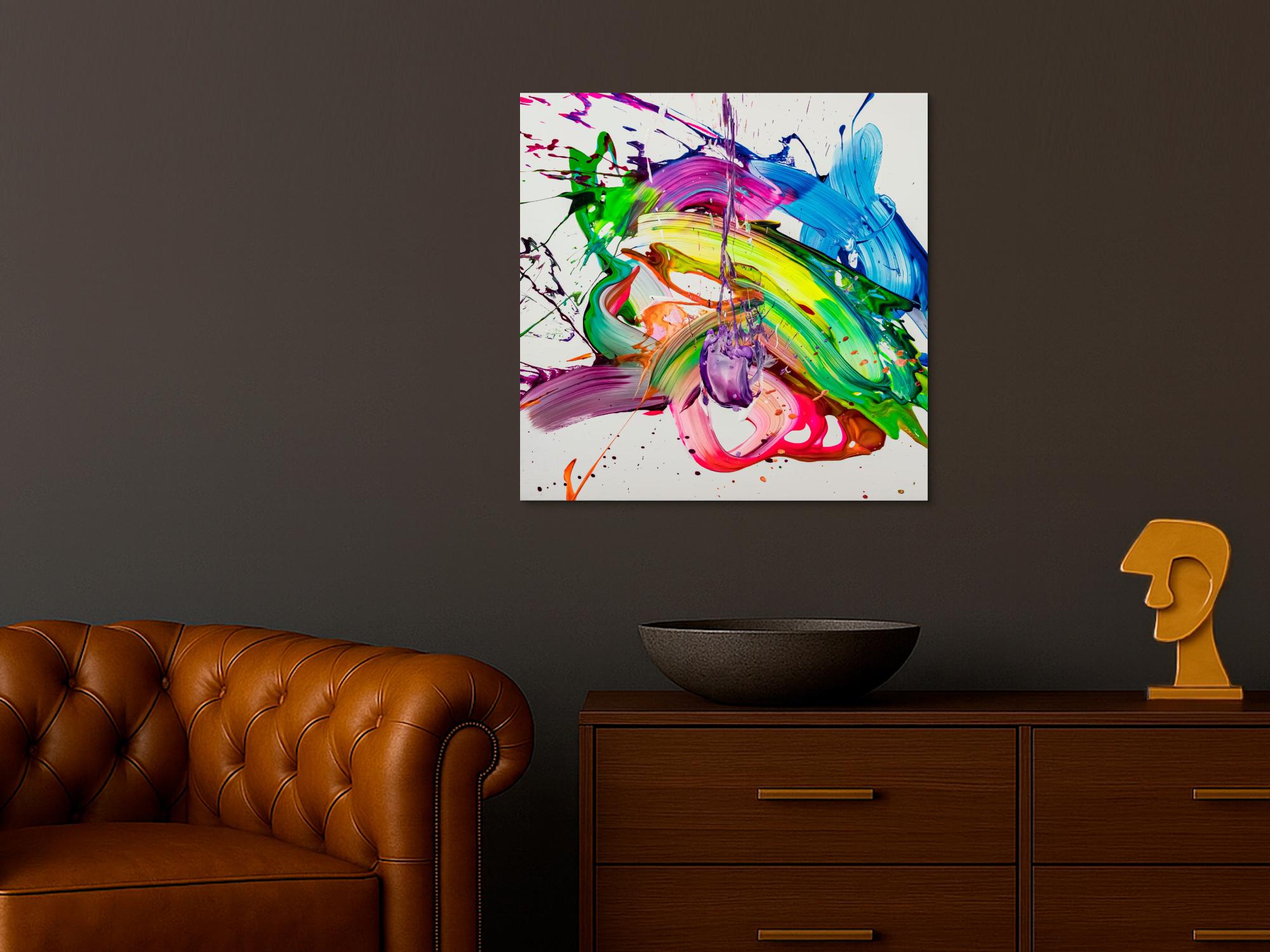 Original Gemälde abstrakt 70x70cm Action Painting Modern Art handgemalt Splash Art weiß bunt grün Einzelstück