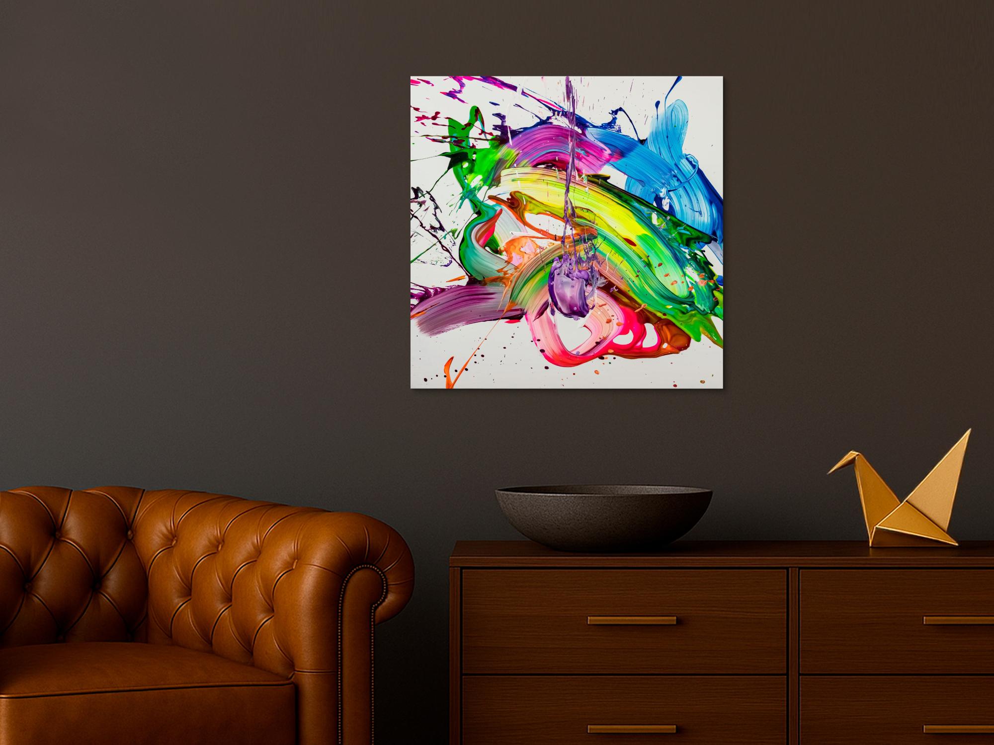 Original Gemälde abstrakt 70x70cm Action Painting Modern Art handgemalt Splash Art weiß bunt grün Einzelstück