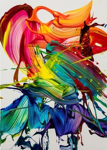 Gemälde Original abstrakt 70x50cm Action Painting zeitgenössisch auf Leinwand Splash Art bunt weiß violett Einzelstück