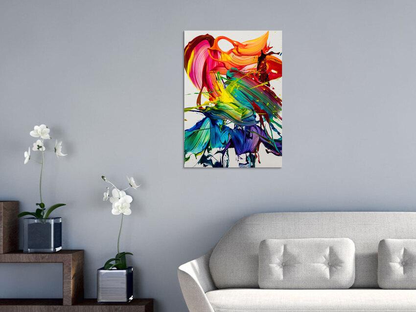 Gemälde Original abstrakt 70x50cm Action Painting zeitgenössisch auf Leinwand Splash Art bunt weiß violett Einzelstück