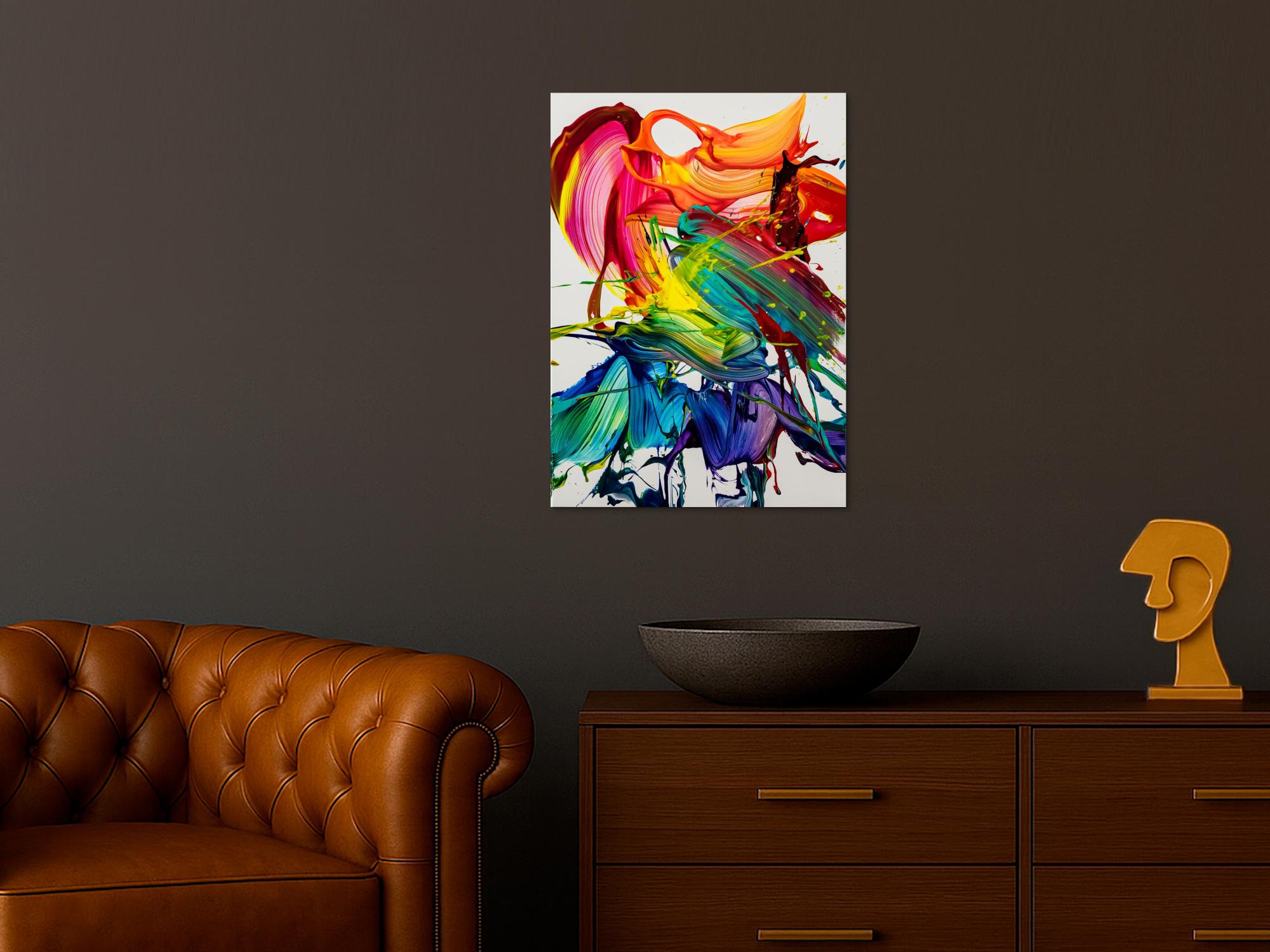 Gemälde Original abstrakt 70x50cm Action Painting zeitgenössisch auf Leinwand Splash Art bunt weiß violett Einzelstück