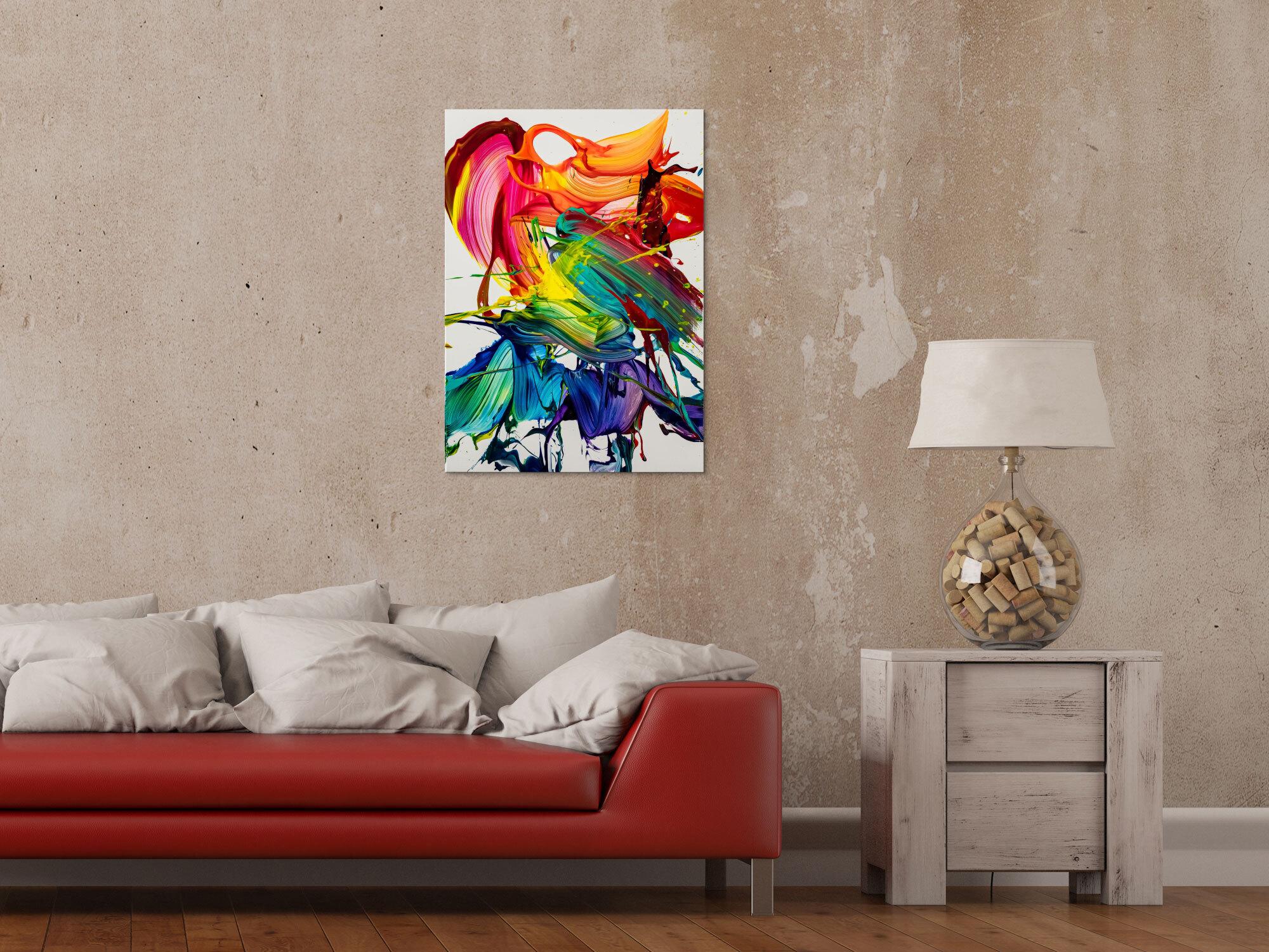 Gemälde Original abstrakt 70x50cm Action Painting zeitgenössisch auf Leinwand Splash Art bunt weiß violett Einzelstück