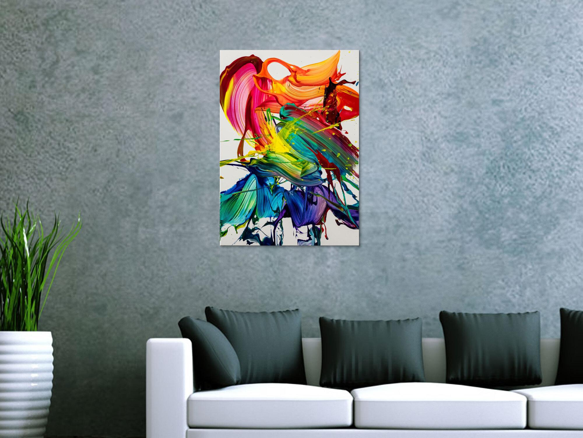 Gemälde Original abstrakt 70x50cm Action Painting zeitgenössisch auf Leinwand Splash Art bunt weiß violett Einzelstück