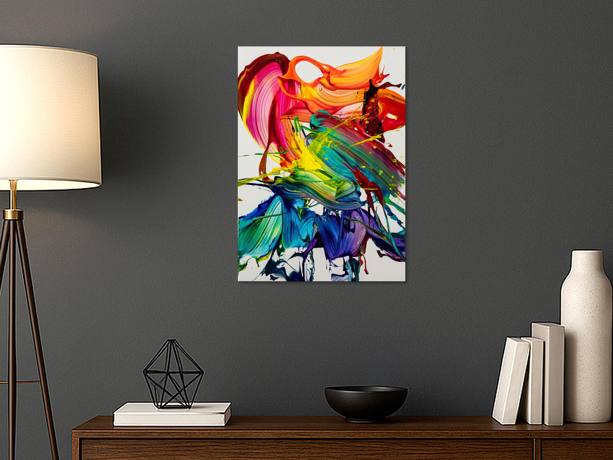 Gemälde Original abstrakt 70x50cm Action Painting zeitgenössisch auf Leinwand Splash Art bunt weiß violett Einzelstück