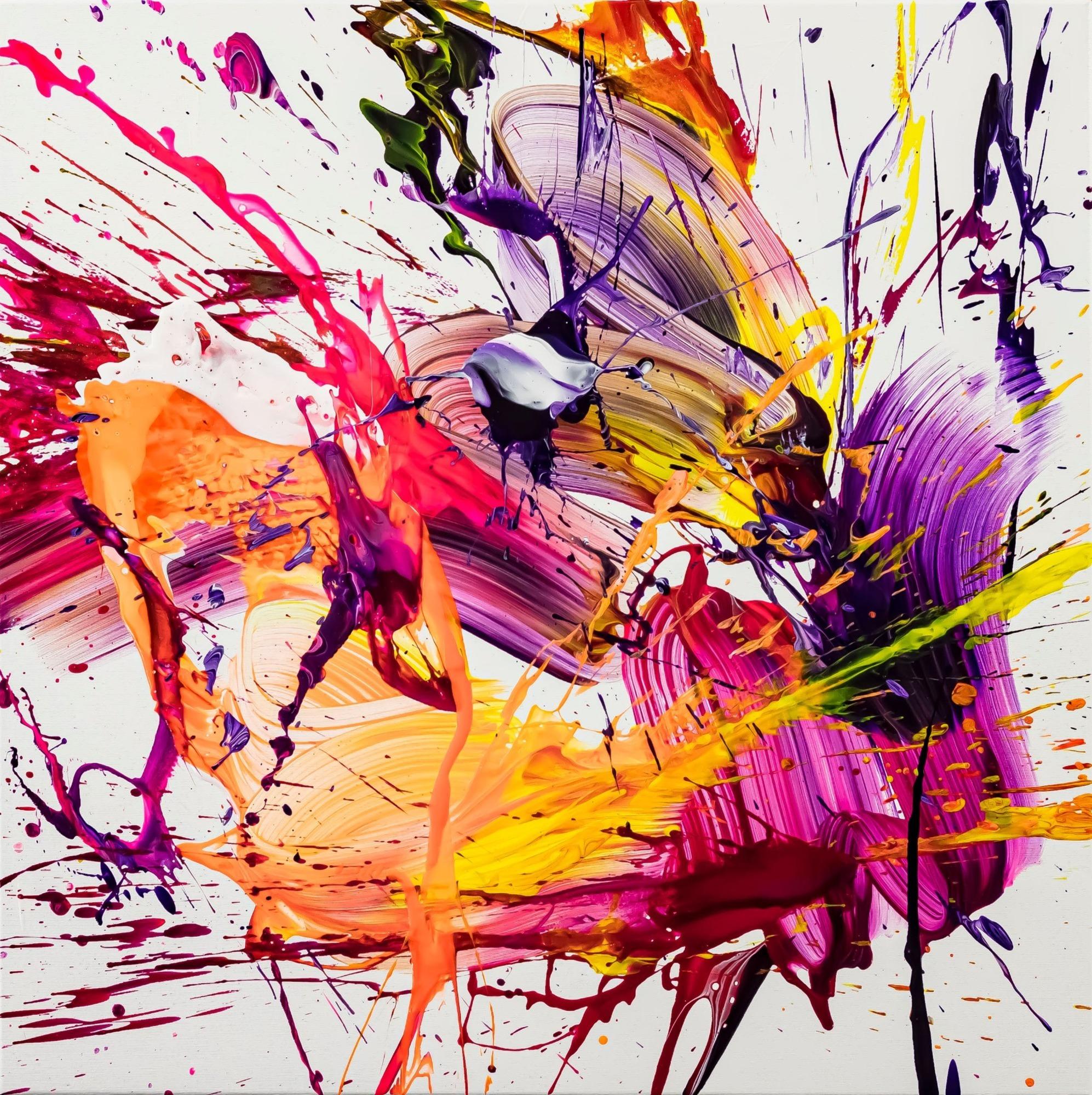 Original Gemälde abstrakt 70x70cm Action Painting Moderne Kunst auf Leinwand Splash Art weiß pink orange hochwertig