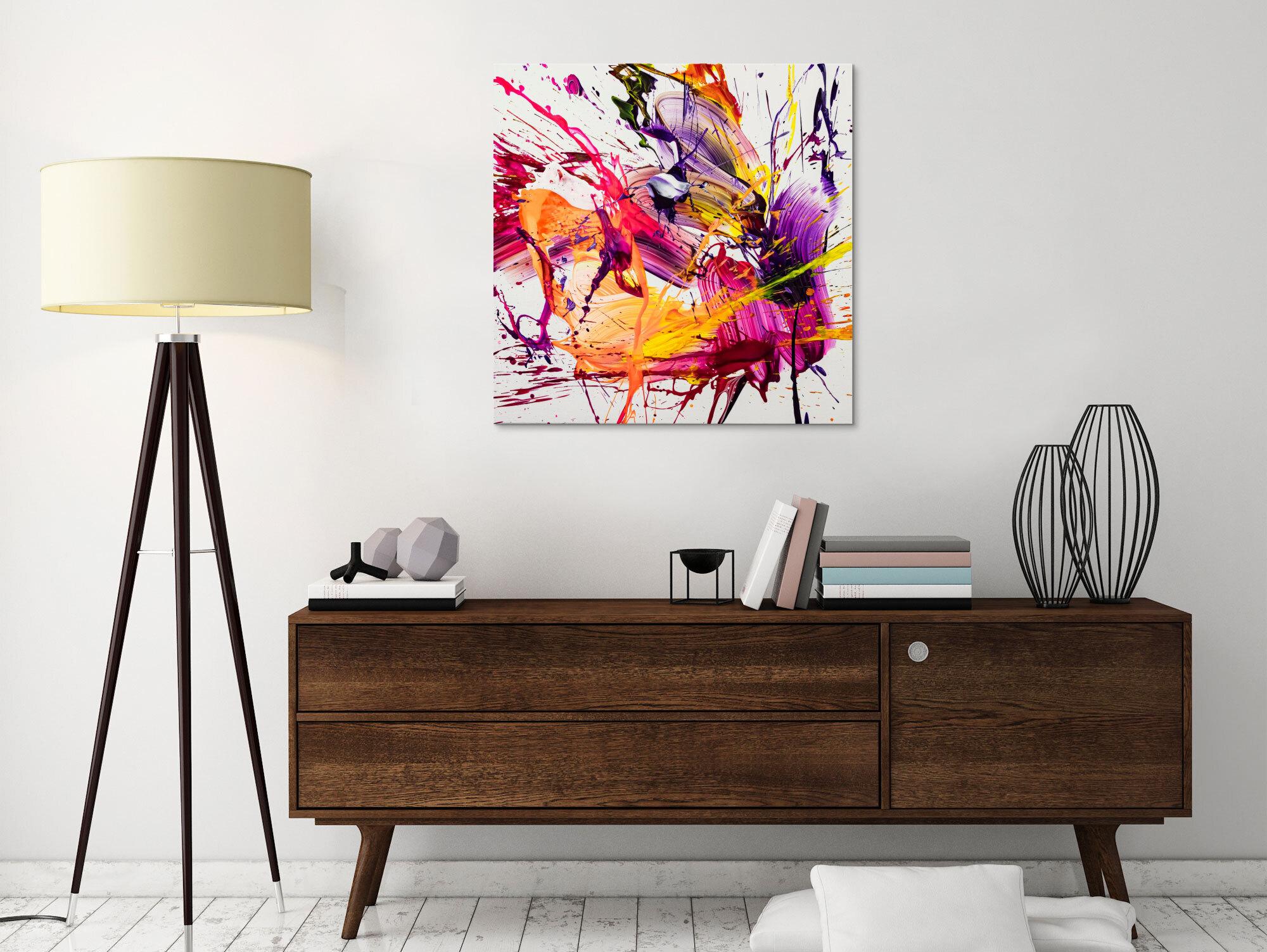 Original Gemälde abstrakt 70x70cm Action Painting Moderne Kunst auf Leinwand Splash Art weiß pink orange hochwertig