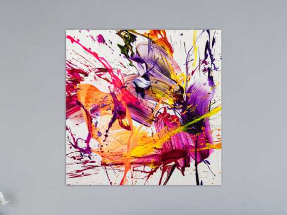 Original Gemälde abstrakt 70x70cm Action Painting Moderne Kunst auf Leinwand Splash Art weiß pink orange hochwertig