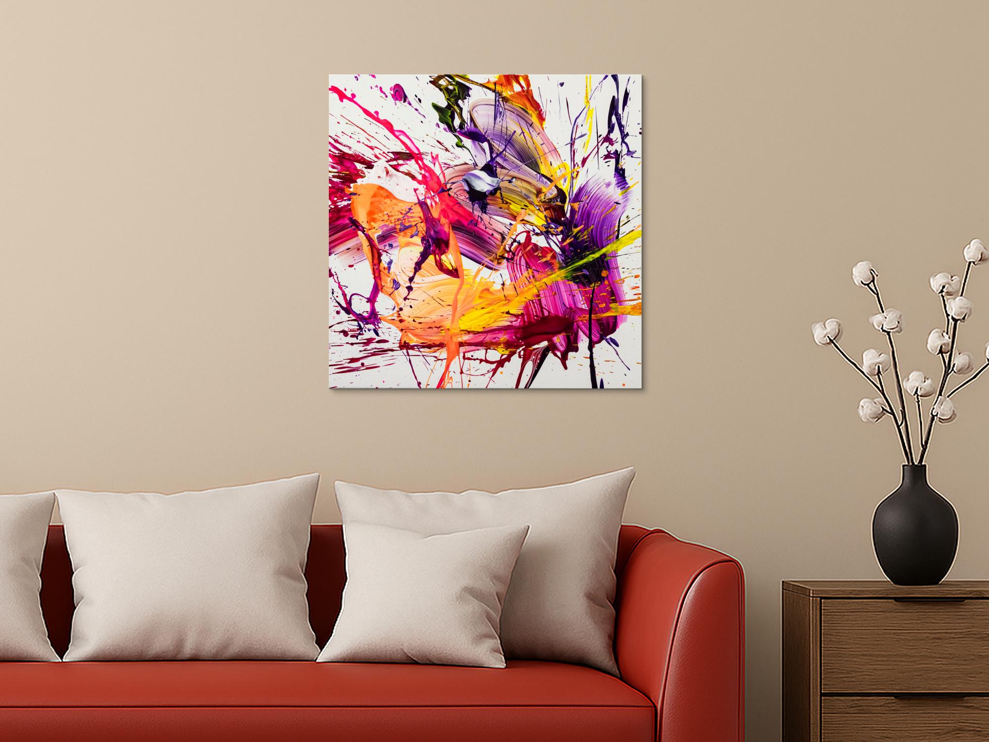 Original Gemälde abstrakt 70x70cm Action Painting Moderne Kunst auf Leinwand Splash Art weiß pink orange hochwertig
