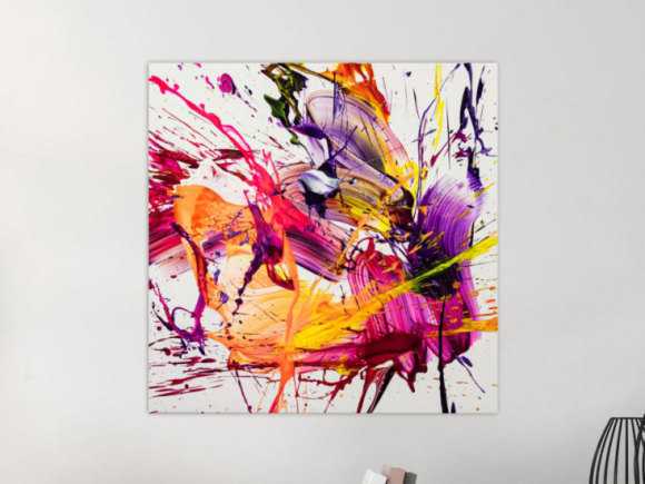 Original Gemälde abstrakt 70x70cm Action Painting Moderne Kunst auf Leinwand Splash Art weiß pink orange hochwertig