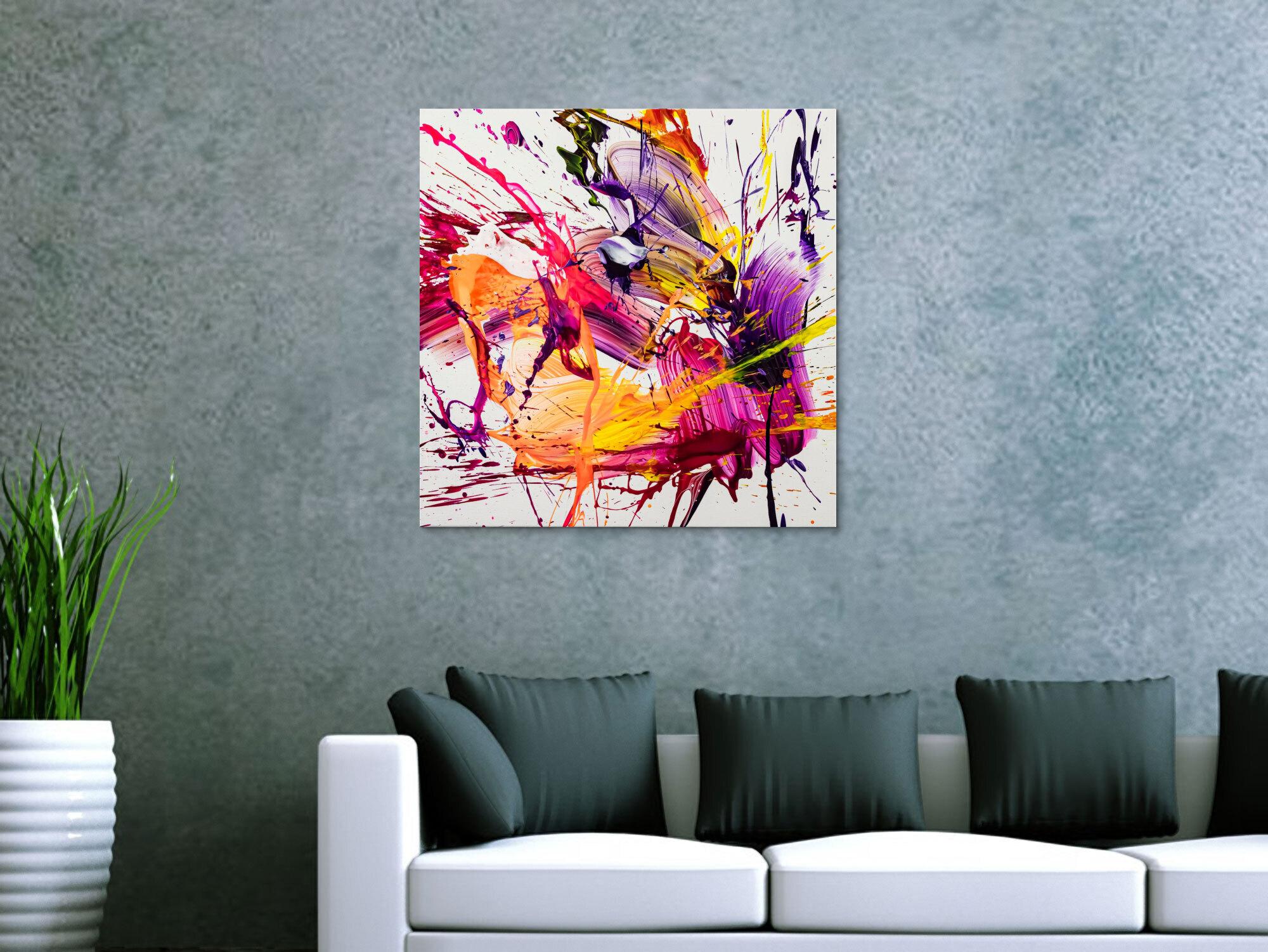 Original Gemälde abstrakt 70x70cm Action Painting Moderne Kunst auf Leinwand Splash Art weiß pink orange hochwertig