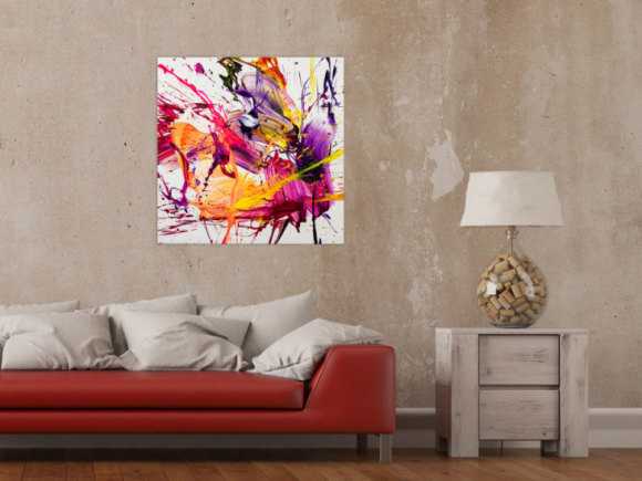Original Gemälde abstrakt 70x70cm Action Painting Moderne Kunst auf Leinwand Splash Art weiß pink orange hochwertig