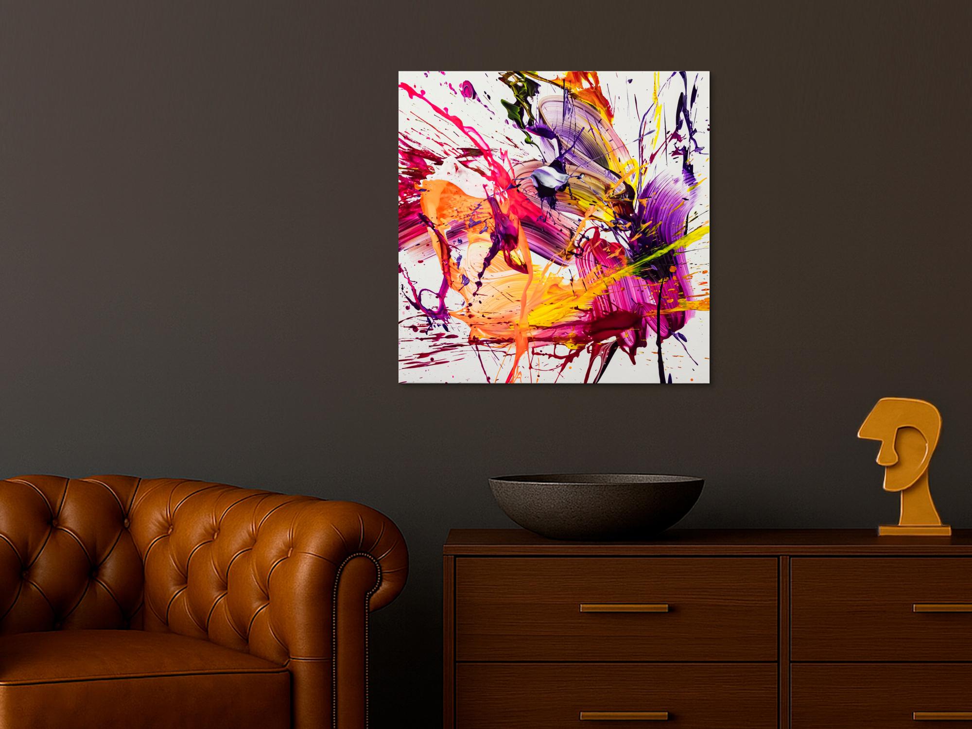 Original Gemälde abstrakt 70x70cm Action Painting Moderne Kunst auf Leinwand Splash Art weiß pink orange hochwertig