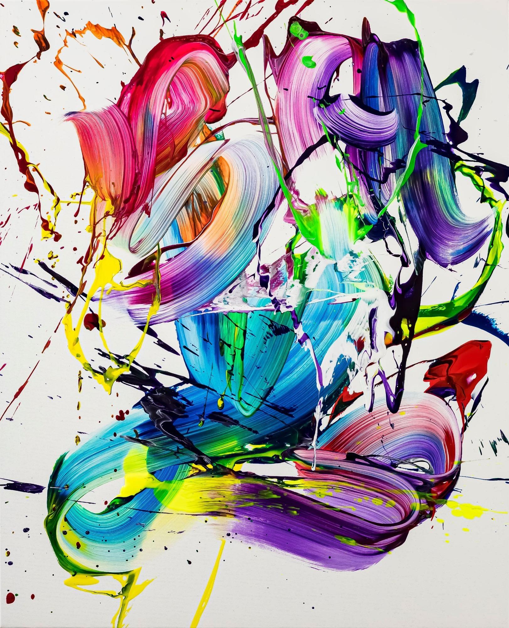 Gemälde Original abstrakt 100x80cm Action Painting Moderne Kunst handgemalt Splash Art bunt weiß violett hochwertig