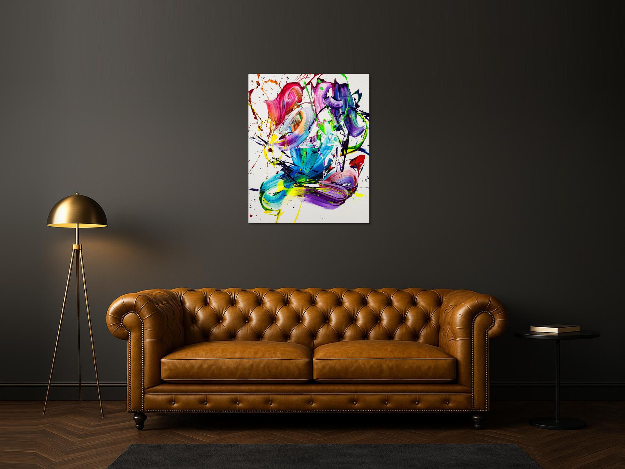 Gemälde Original abstrakt 100x80cm Action Painting Moderne Kunst handgemalt Splash Art bunt weiß violett hochwertig