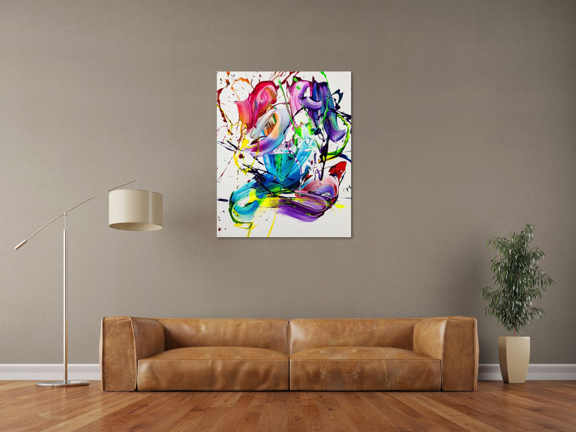Gemälde Original abstrakt 100x80cm Action Painting Moderne Kunst handgemalt Splash Art bunt weiß violett hochwertig