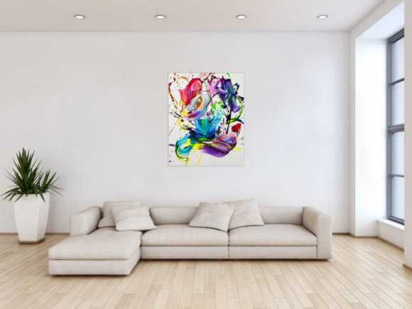 Gemälde Original abstrakt 100x80cm Action Painting Moderne Kunst handgemalt Splash Art bunt weiß violett hochwertig