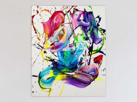 Gemälde Original abstrakt 100x80cm Action Painting Moderne Kunst handgemalt Splash Art bunt weiß violett hochwertig