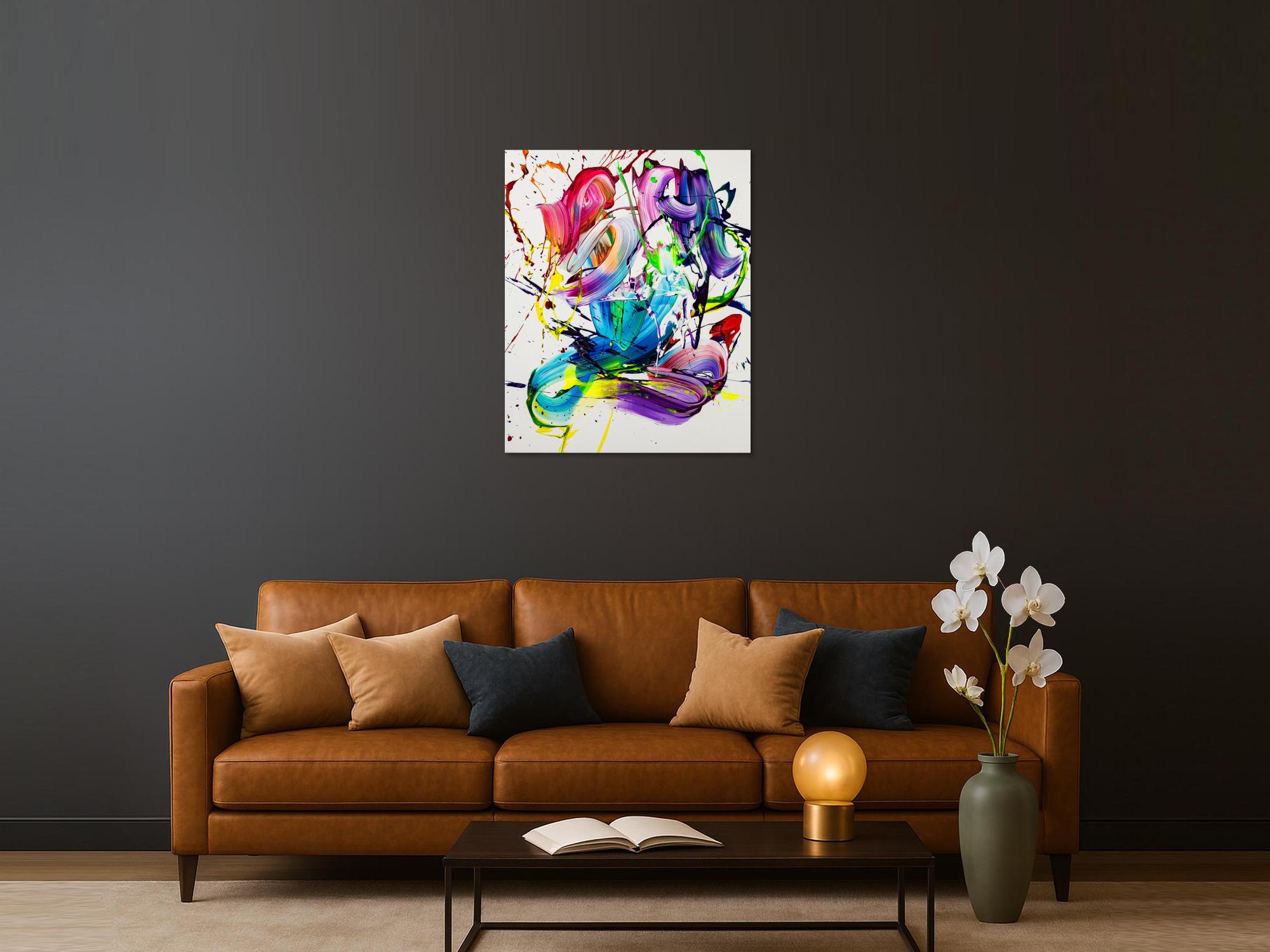 Gemälde Original abstrakt 100x80cm Action Painting Moderne Kunst handgemalt Splash Art bunt weiß violett hochwertig