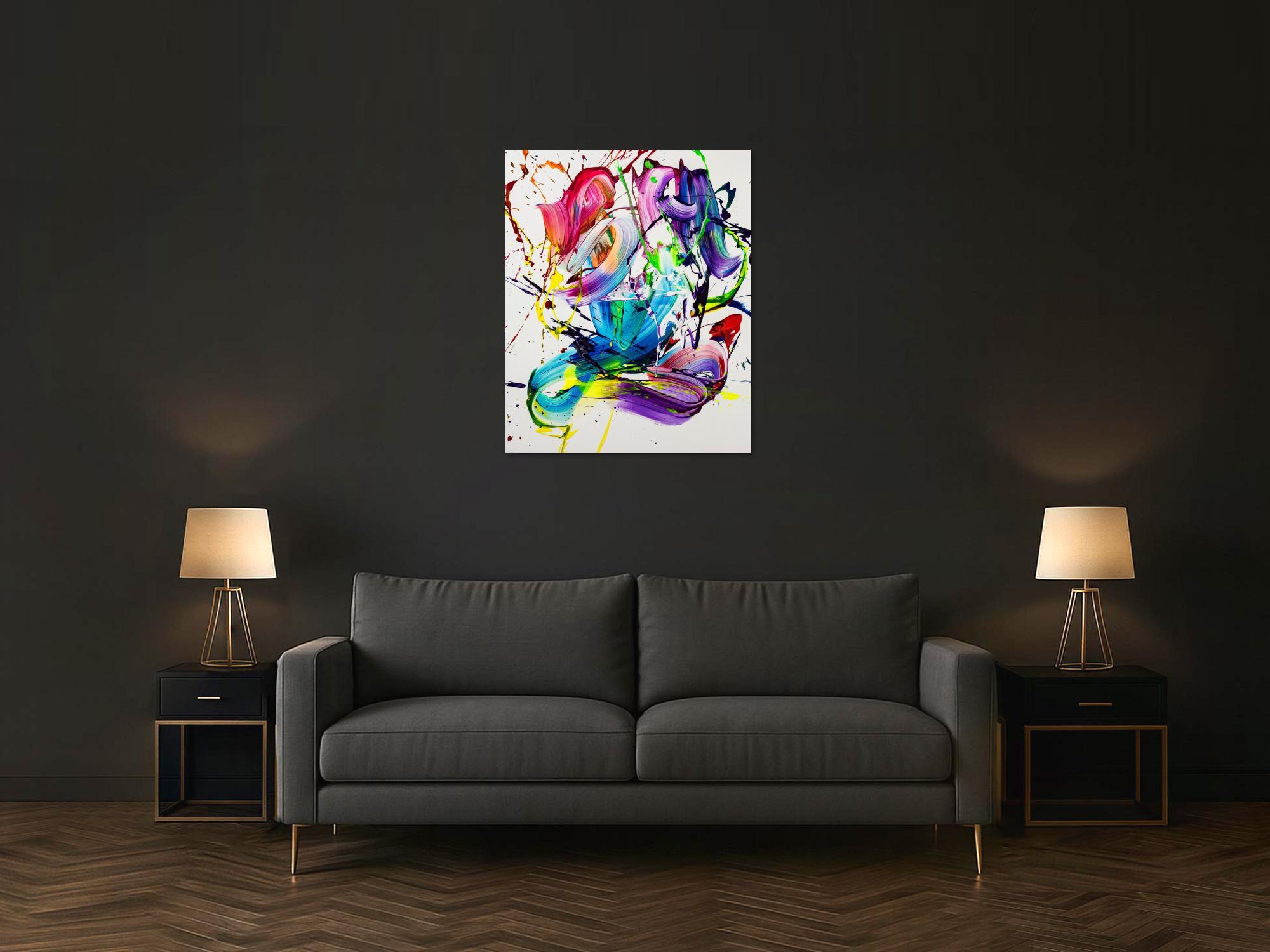 Gemälde Original abstrakt 100x80cm Action Painting Moderne Kunst handgemalt Splash Art bunt weiß violett hochwertig