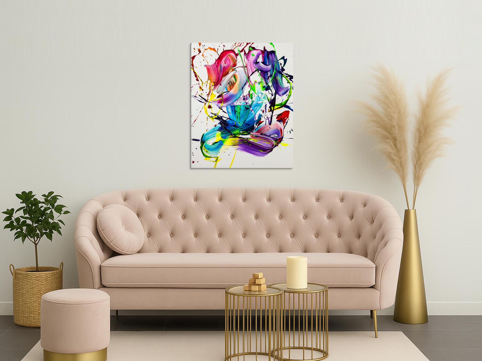 Gemälde Original abstrakt 100x80cm Action Painting Moderne Kunst handgemalt Splash Art bunt weiß violett hochwertig