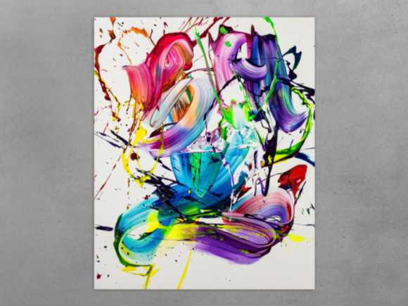 Gemälde Original abstrakt 100x80cm Action Painting Moderne Kunst handgemalt Splash Art bunt weiß violett hochwertig