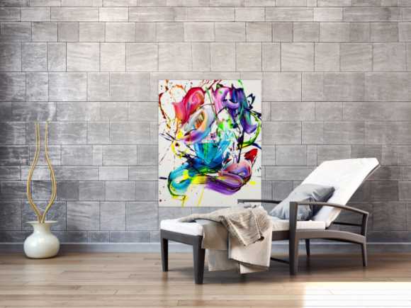 Gemälde Original abstrakt 100x80cm Action Painting Moderne Kunst handgemalt Splash Art bunt weiß violett hochwertig