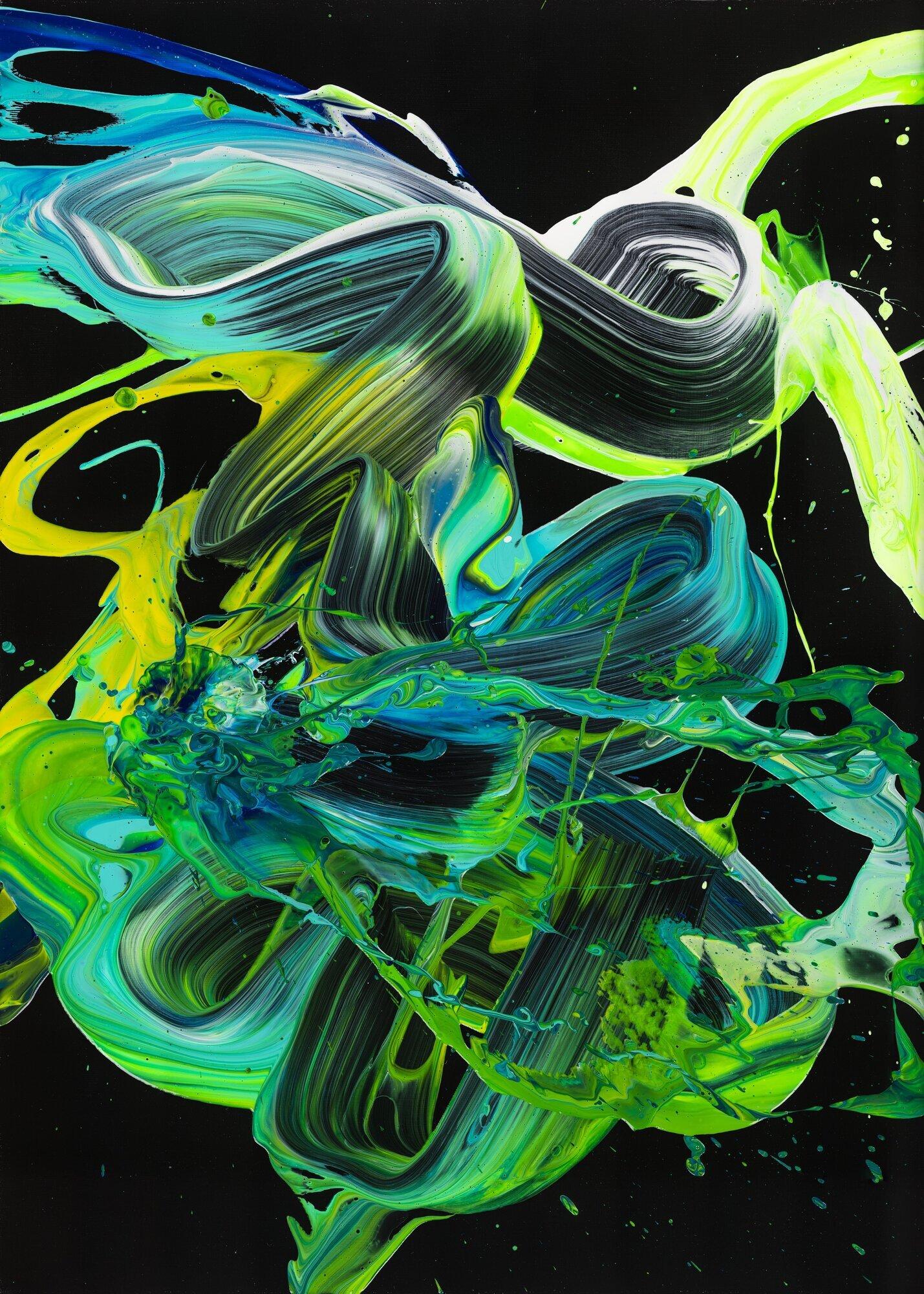 Abstraktes Original Gemälde 70x50cm Action Painting Modern Art handgemalt Fluid Painting schwarz türkis grün Einzelstück