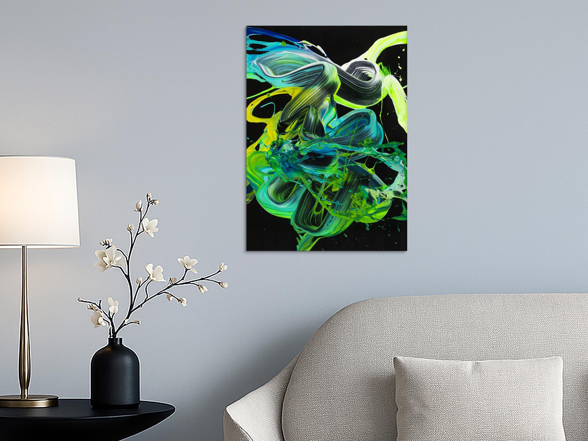 Abstraktes Original Gemälde 70x50cm Action Painting Modern Art handgemalt Fluid Painting schwarz türkis grün Einzelstück