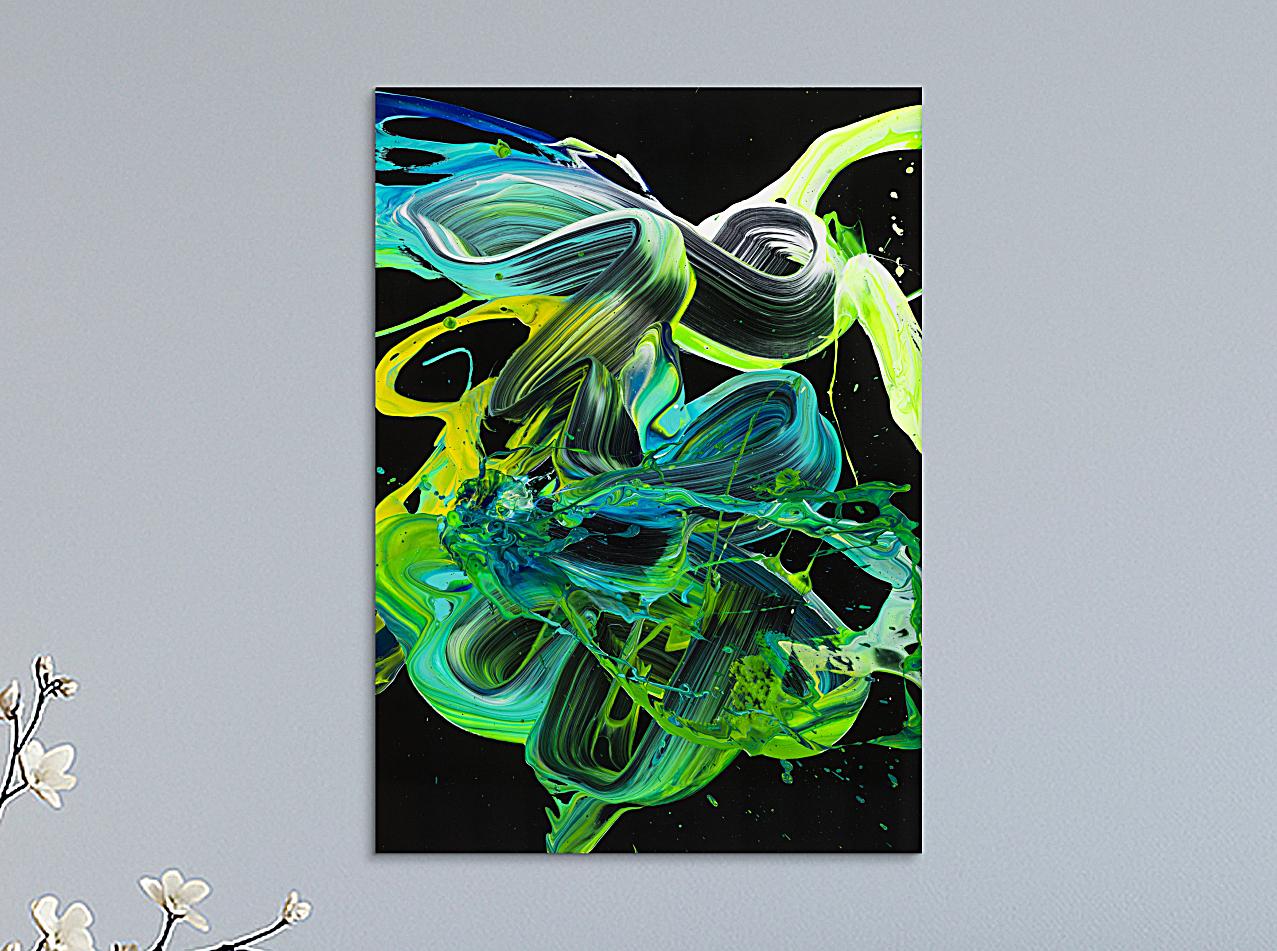 Abstraktes Original Gemälde 70x50cm Action Painting Modern Art handgemalt Fluid Painting schwarz türkis grün Einzelstück