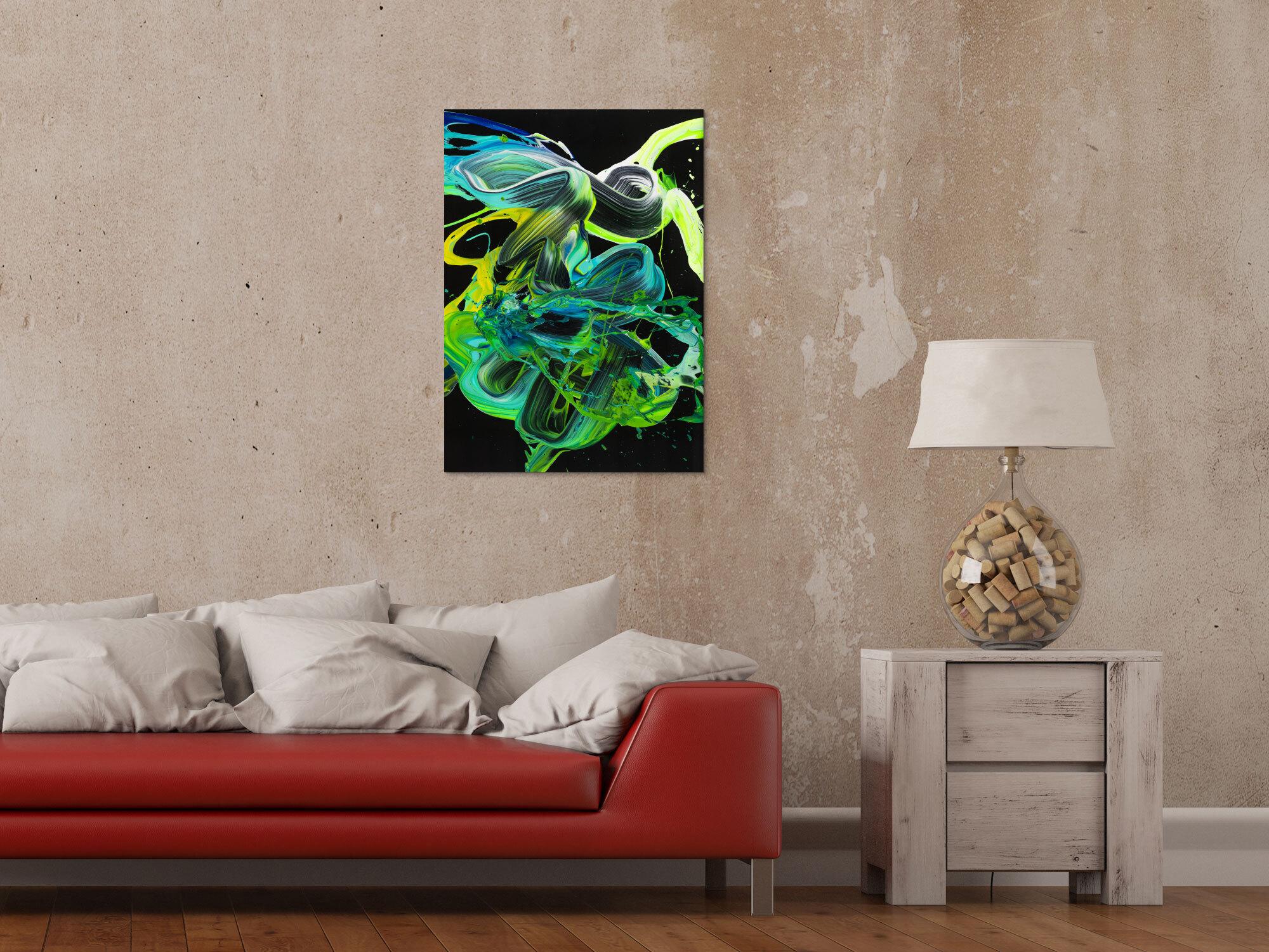 Abstraktes Original Gemälde 70x50cm Action Painting Modern Art handgemalt Fluid Painting schwarz türkis grün Einzelstück