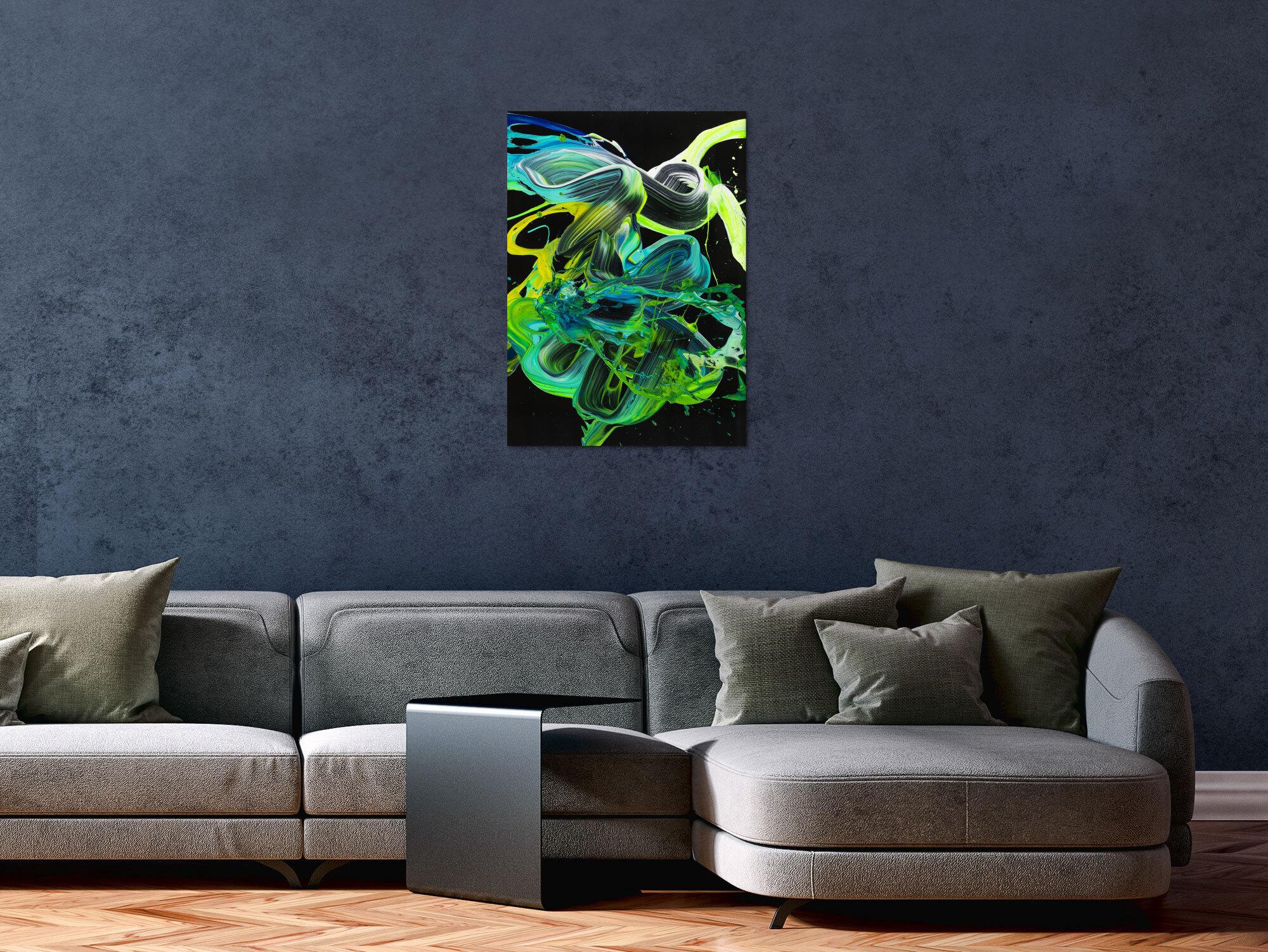 Abstraktes Original Gemälde 70x50cm Action Painting Modern Art handgemalt Fluid Painting schwarz türkis grün Einzelstück